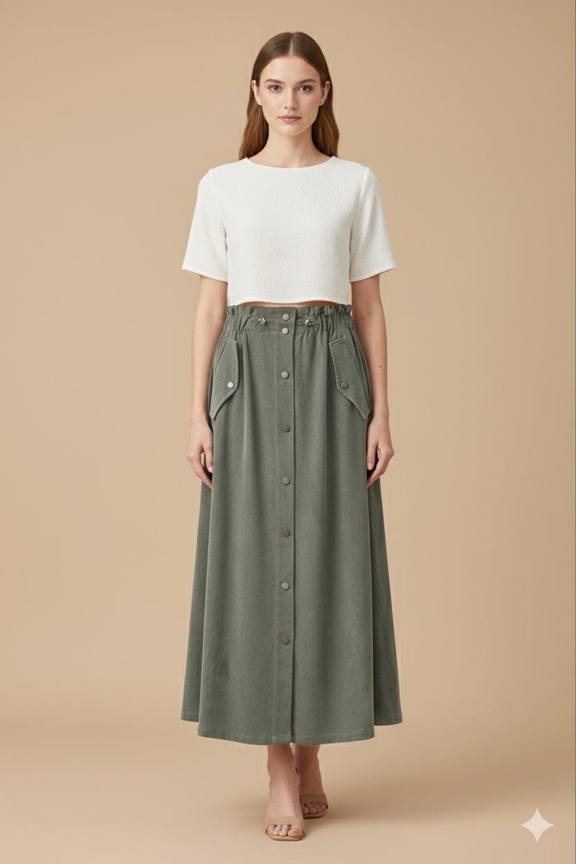 Cepli Çıtçıtlı Modal Etek 0035081 - Haki