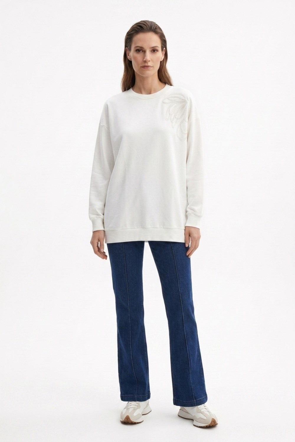 Tek Omuz İşlemeli İnce Sweat Tunik 3494 Ekru Tunik Ekrutex 