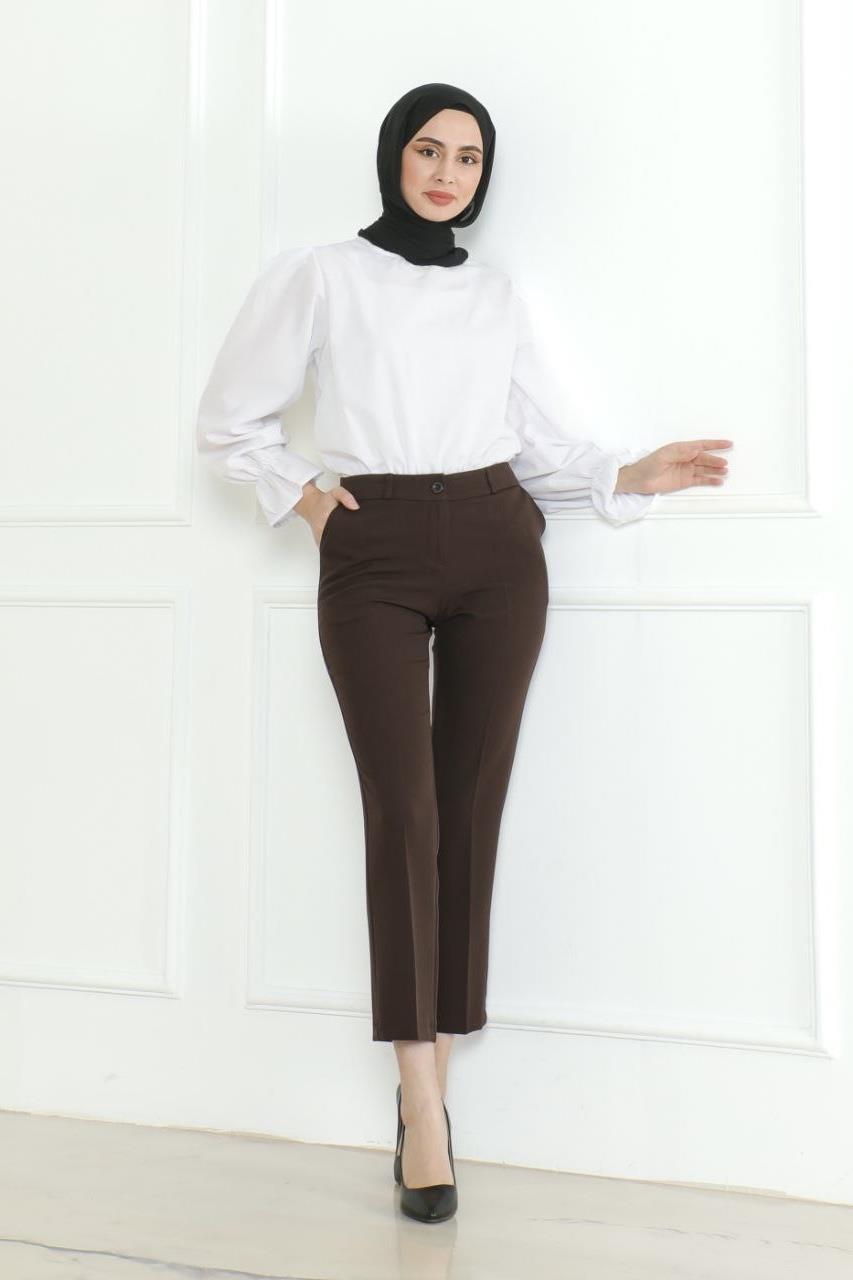 MİZZA Beli Kemerli Klasik Kumaş Pantolon 1010 - Kahve Beli Kemerli Klasik Kumaş Pantolon 1010 - Kahve - Bilen Giyim Pantolon 