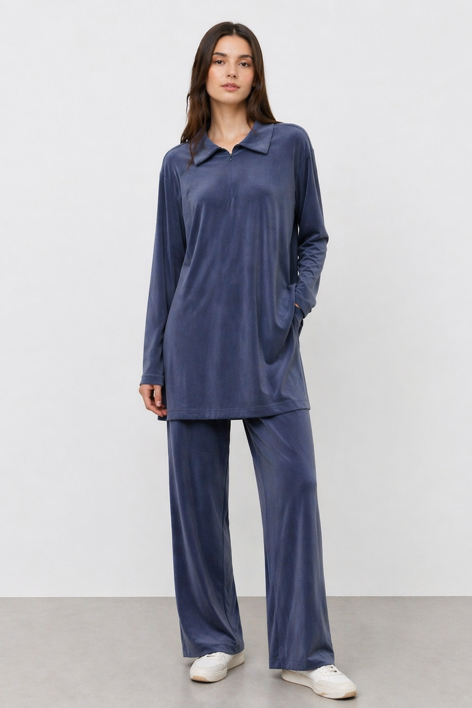 Gömlek Yaka Fermuar Detay Pantolonlu Takım 14445 - F.Navy