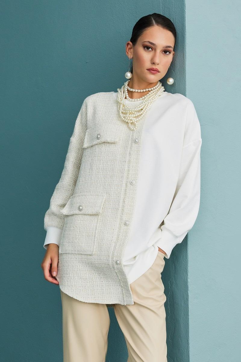 PUANE Bir Yanı Tuvit Garnili Tunik 10550 - Ekru  Tunik 