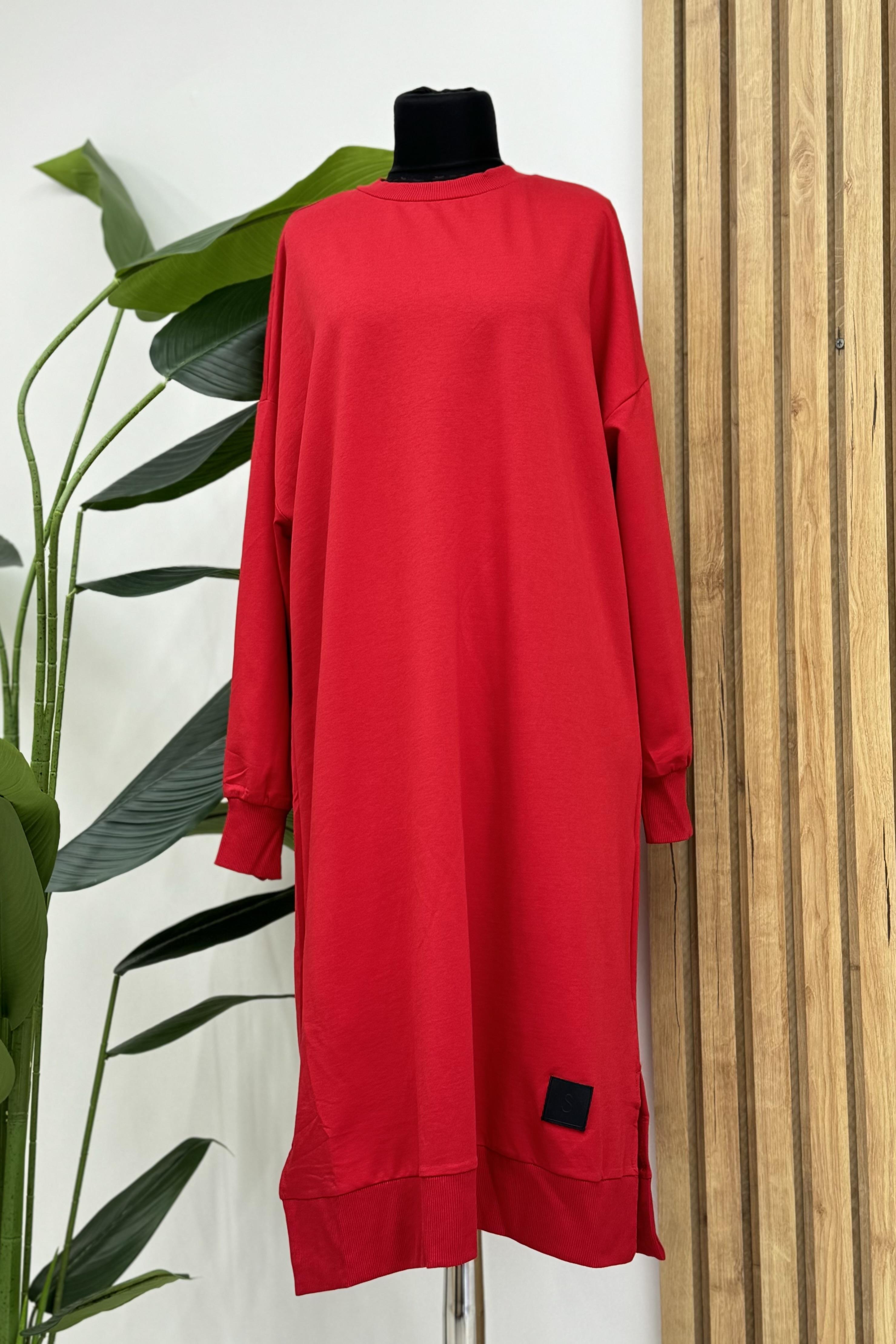 PUANE Bisiklet Yaka Basic Uzun Boy Tunik 30645 - Kırmızı  Tunik