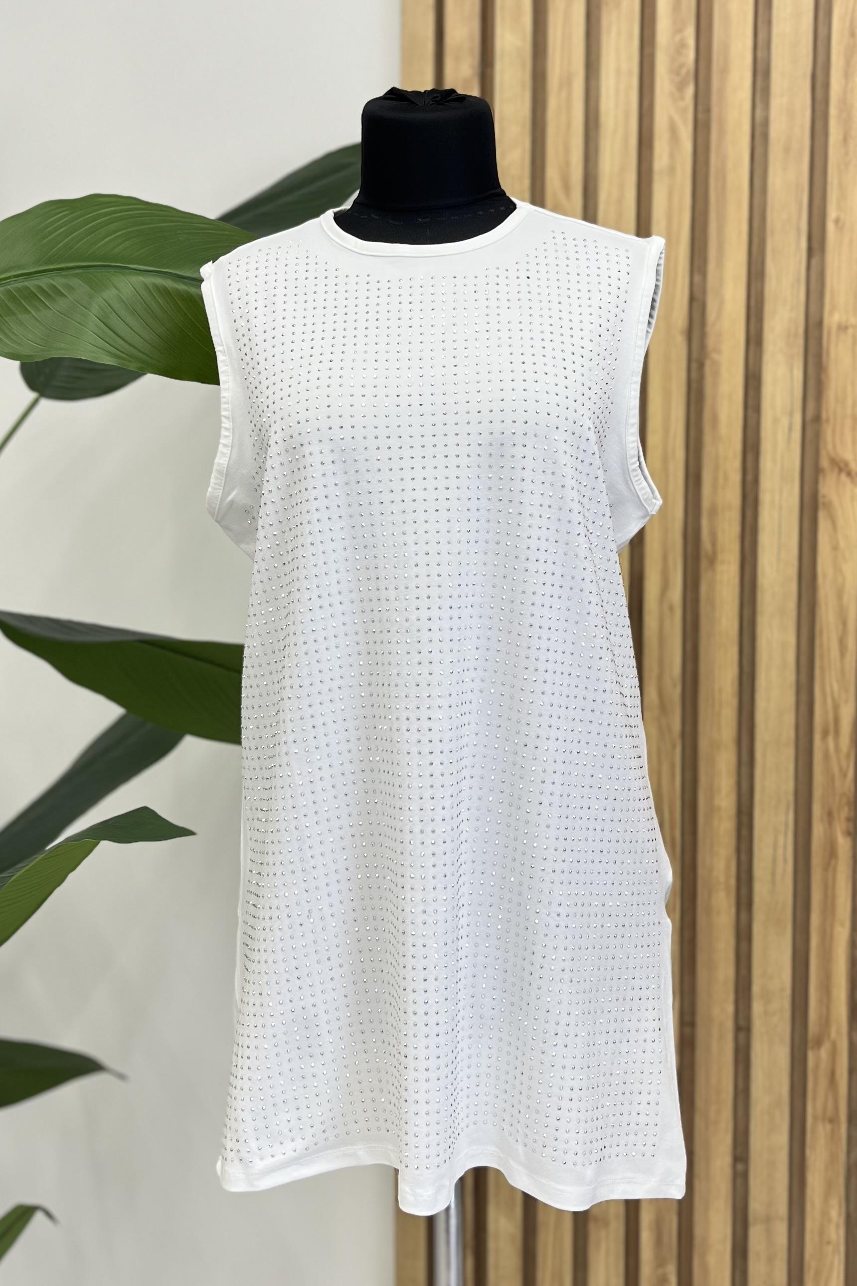 TRN Bisiklet Yaka Ön Taş İşlemeli Sıfır Kol Penye İçlik 2053 - Ekru  İçlik