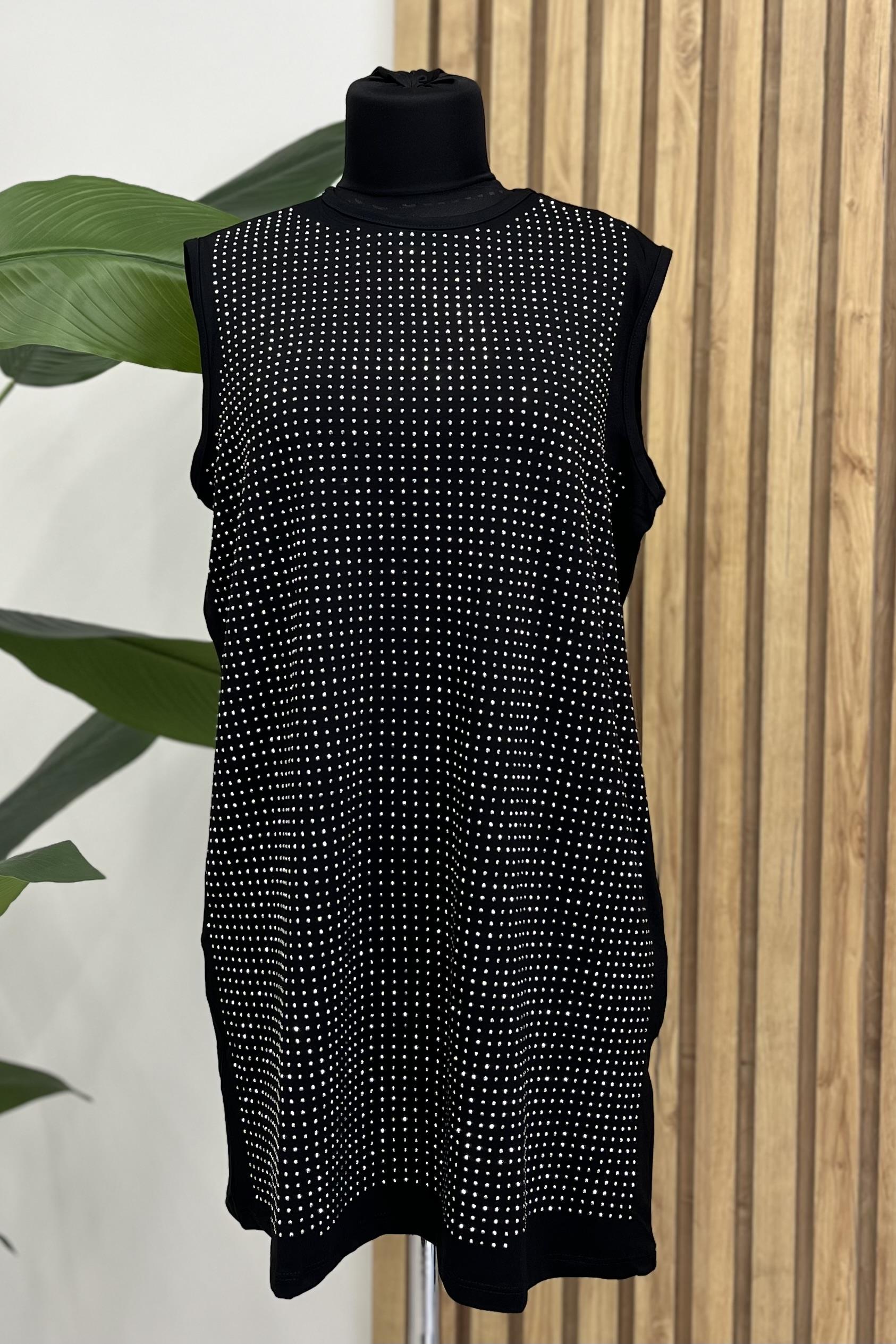 TRN Bisiklet Yaka Ön Taş İşlemeli Sıfır Kol Penye İçlik 2053 - Siyah  İçlik