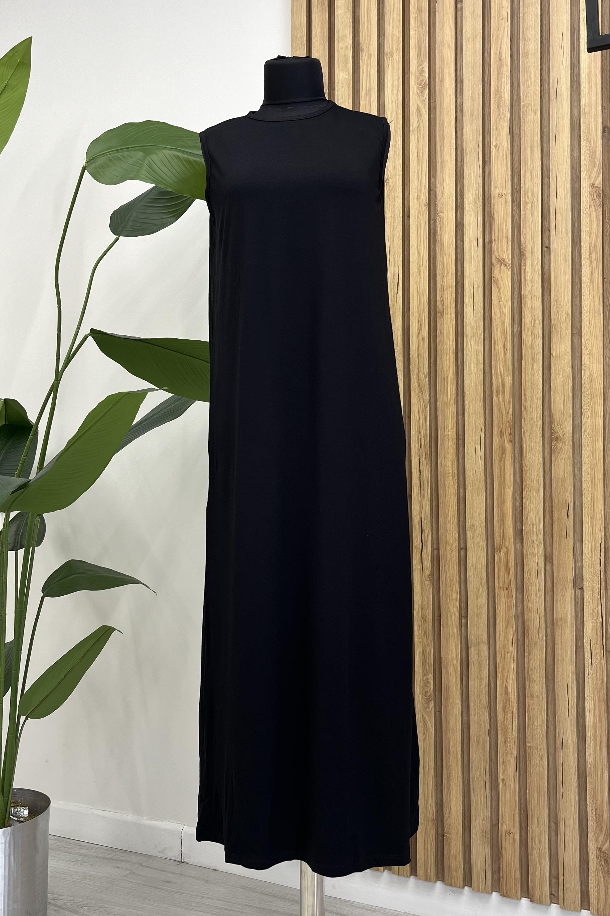 TRN Bisiklet Yaka Sıfır Kol Penye İçlik Elbise 2051 - Siyah  İçlik