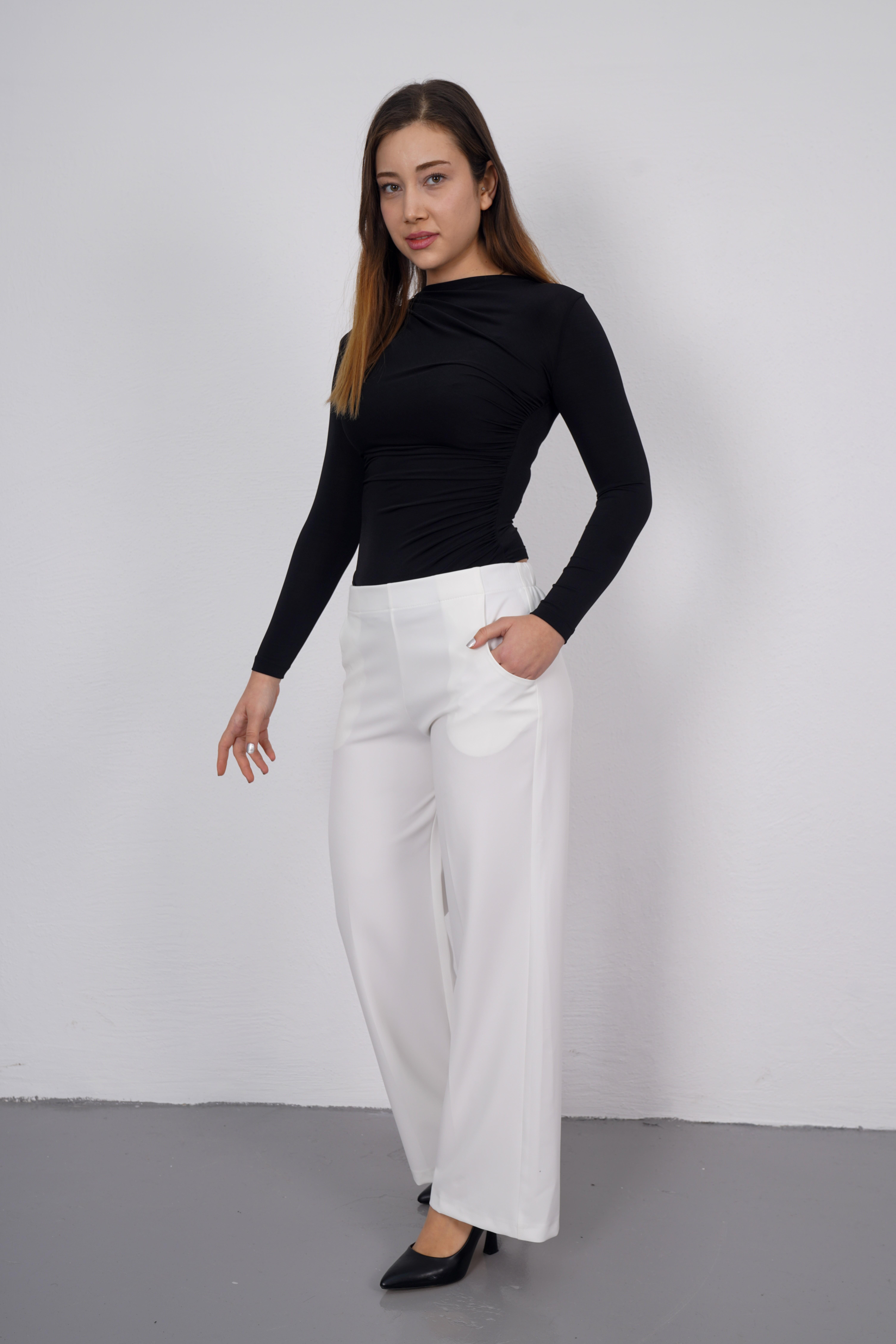 MİZZA Bol Paça Beli Lastikli Kumaş Pantolon 1011 - Ekru  Pantolon 