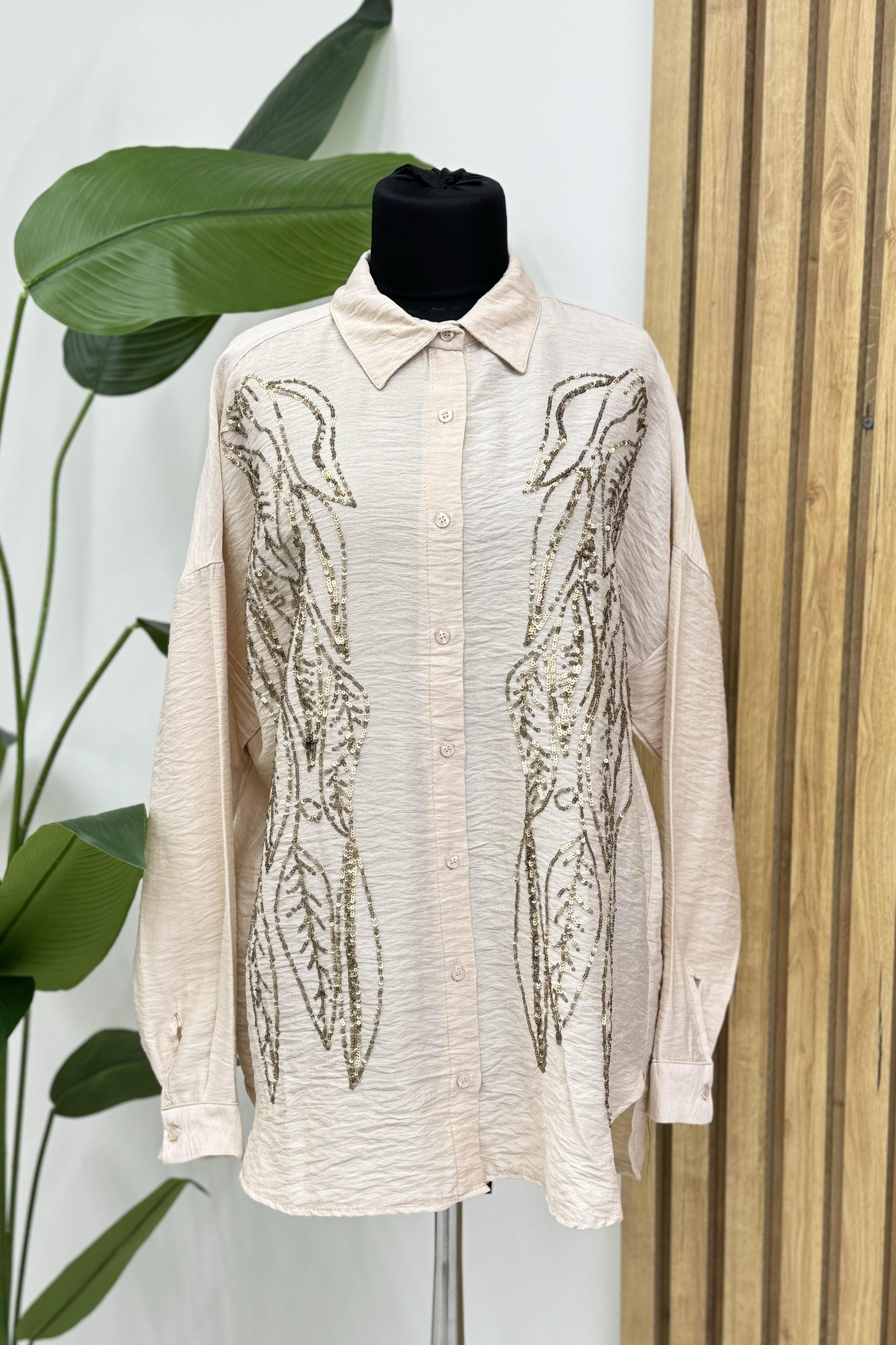 Tarz Collection Boydan Yaprak Payet İşlemeli Gömlek 2460 - Bej  Bluz & Gömlek