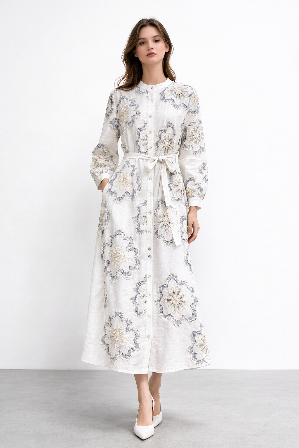 Ceremony 26Y845 Önden Düğmeli Çiçek Payetli Keten Elbise - Orjinal