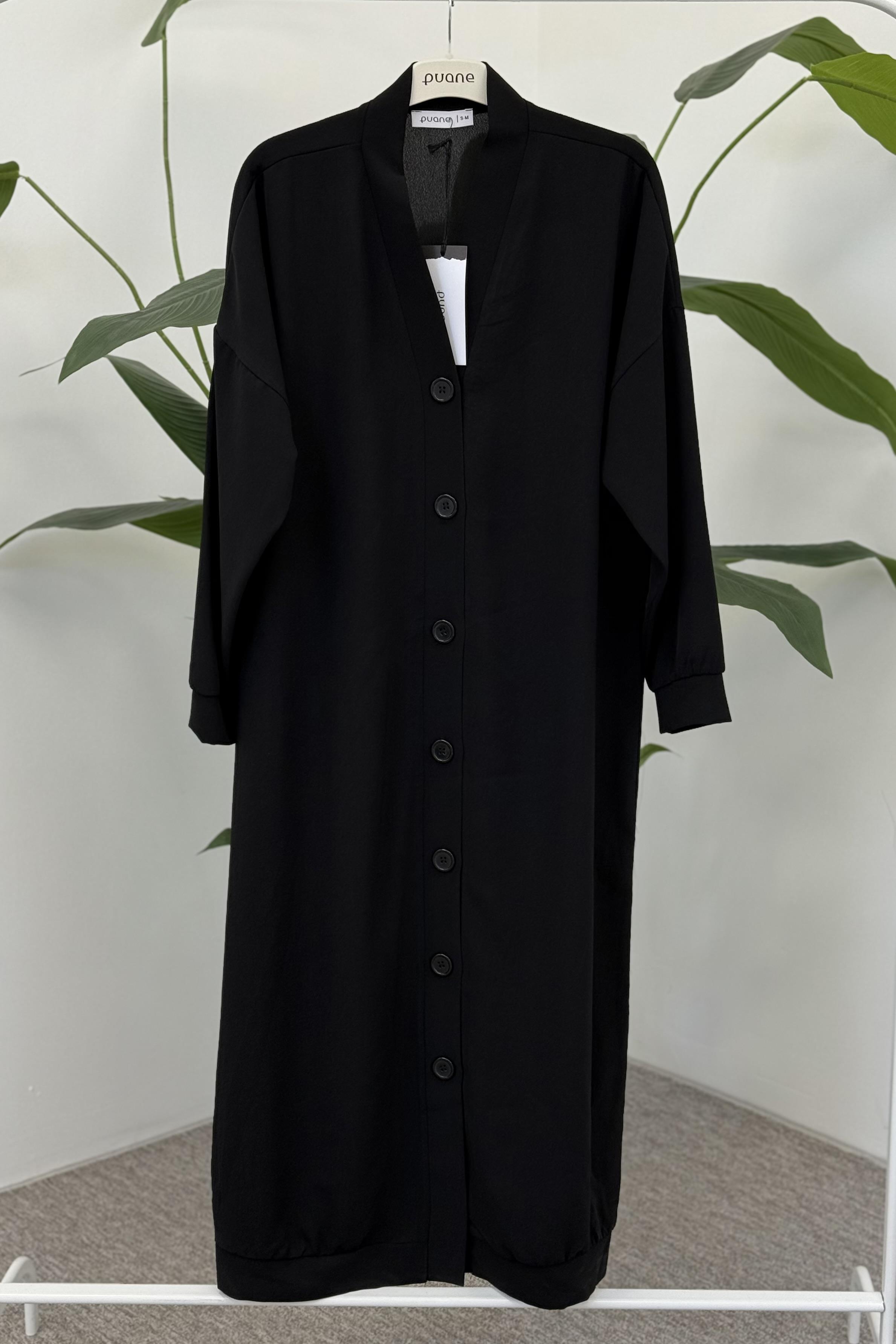 Uzun Boy Basic Düğmeli Kap 10696 - Siyah