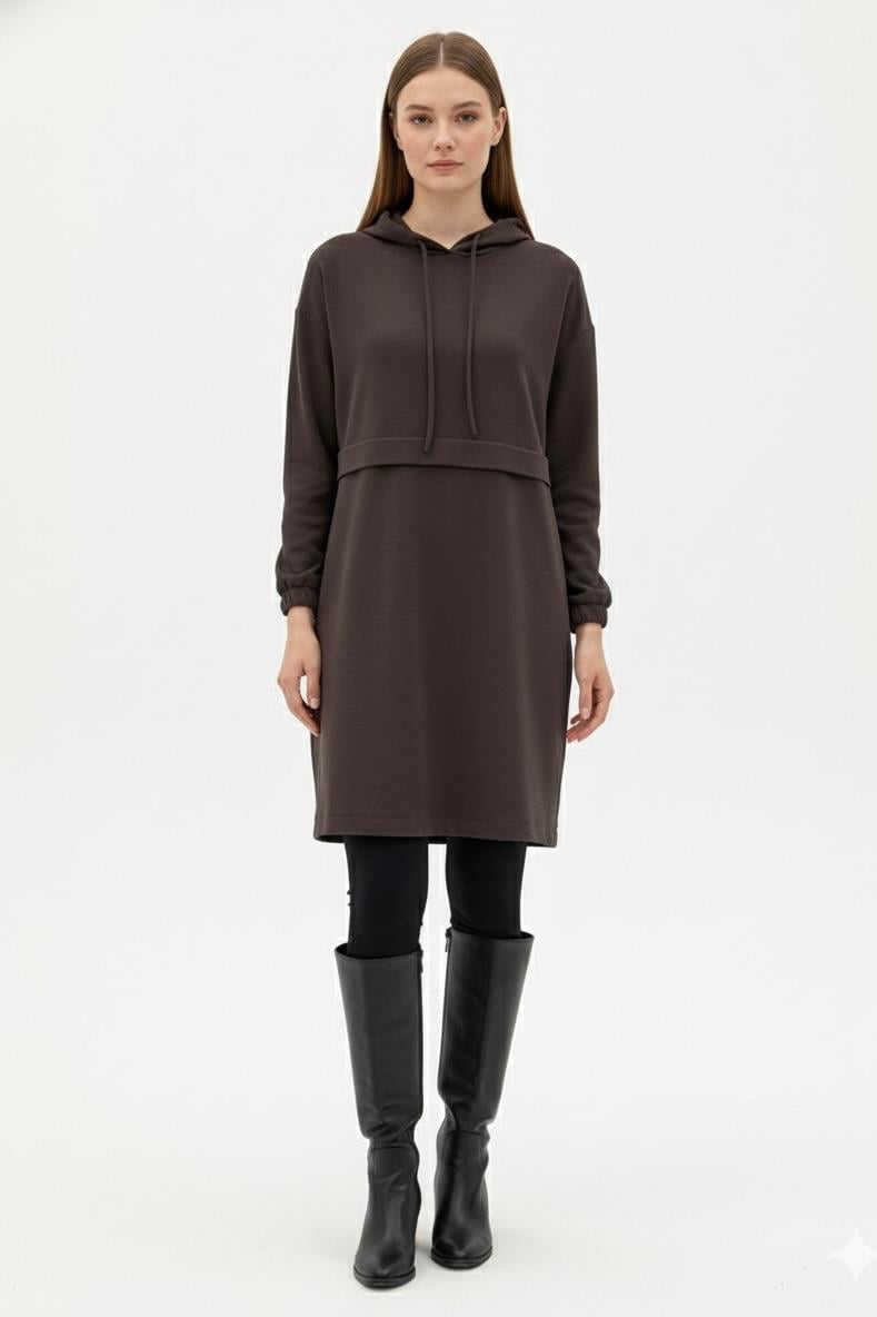 Armine Trend 25KT462 Ön Kat Detay Kapişonlu Tunik - Kahverengi