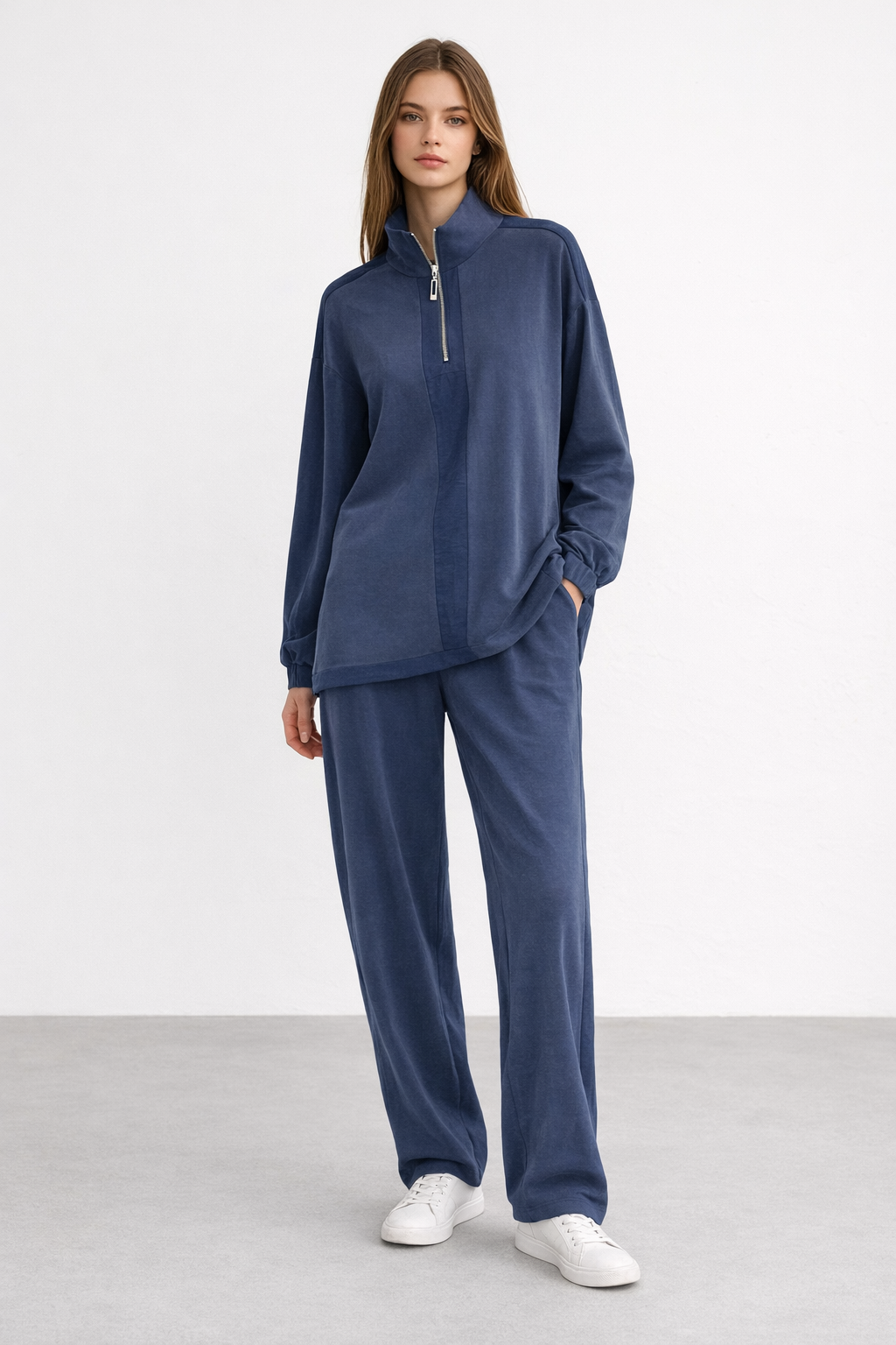 Çift Renk Bloklu Pantolonlu Takım 14485 - F.Navy