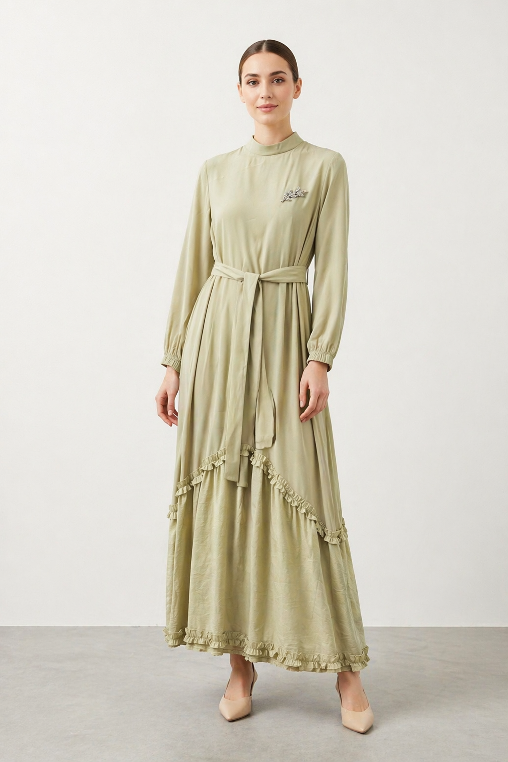 Yaka Broş Detay Elbise 12675 - Mint Yeşili