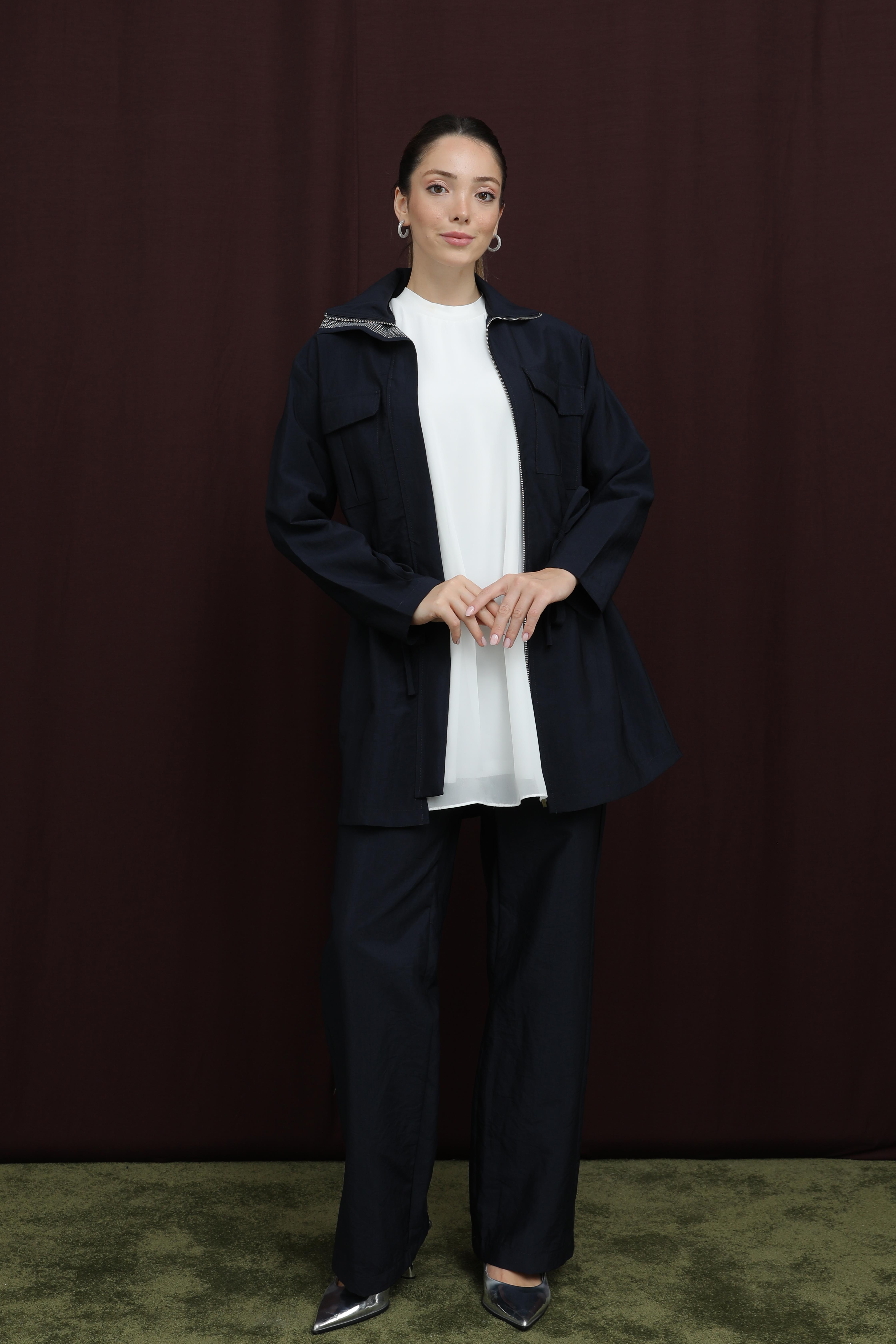 Yakası Taş Baskılı Pantolonlu Takım 14381 - F.Navy