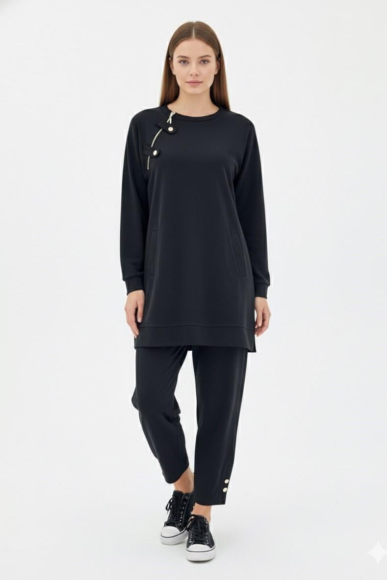 Yaka Fermuar Detay Pantolonlu Takım 14406 - Siyah