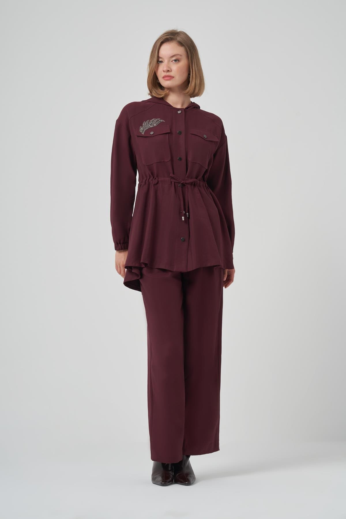 Nuss 1022 Taş İşlemeli Pantolonlu Takım - Mürdüm