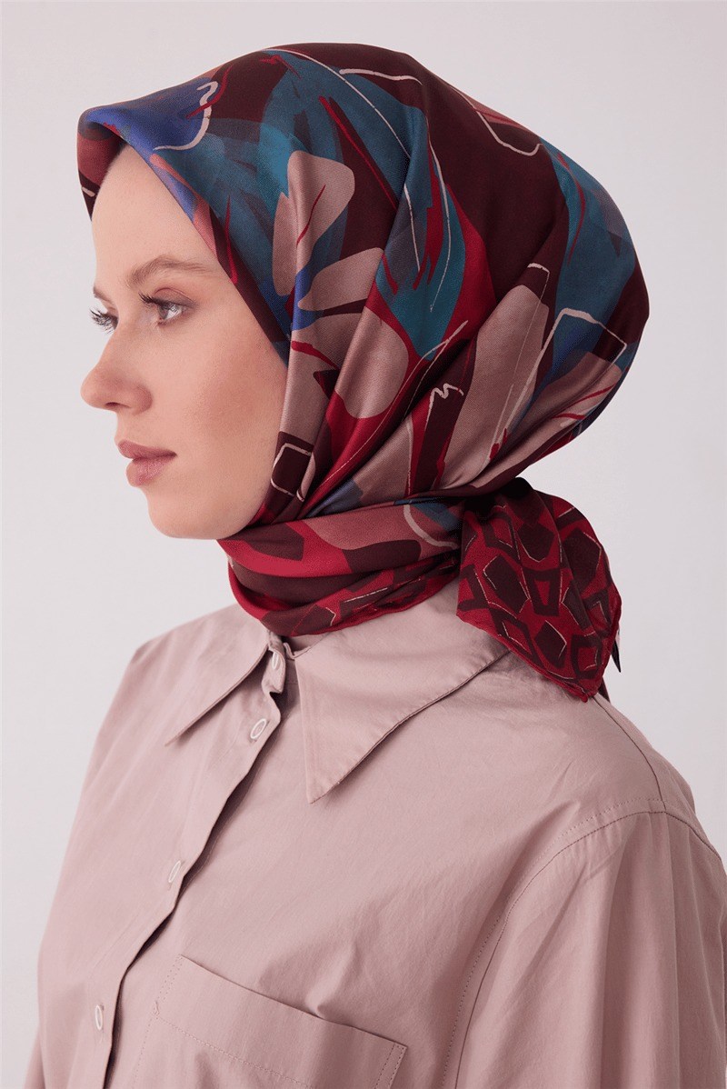 Belli 4426 Botanik Yaprak Çiçekli %100 Twill İpek Eşarp Mürdüm Eşarp BELLI 