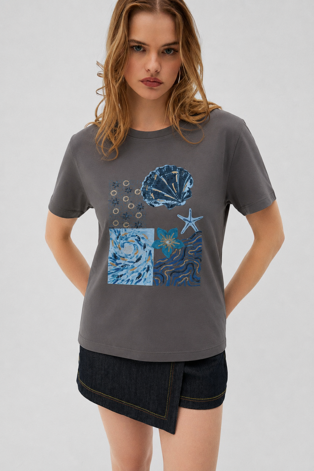 Deniz Kabuğu Payet İşlemeli Tshirt 4048 - Antrasit
