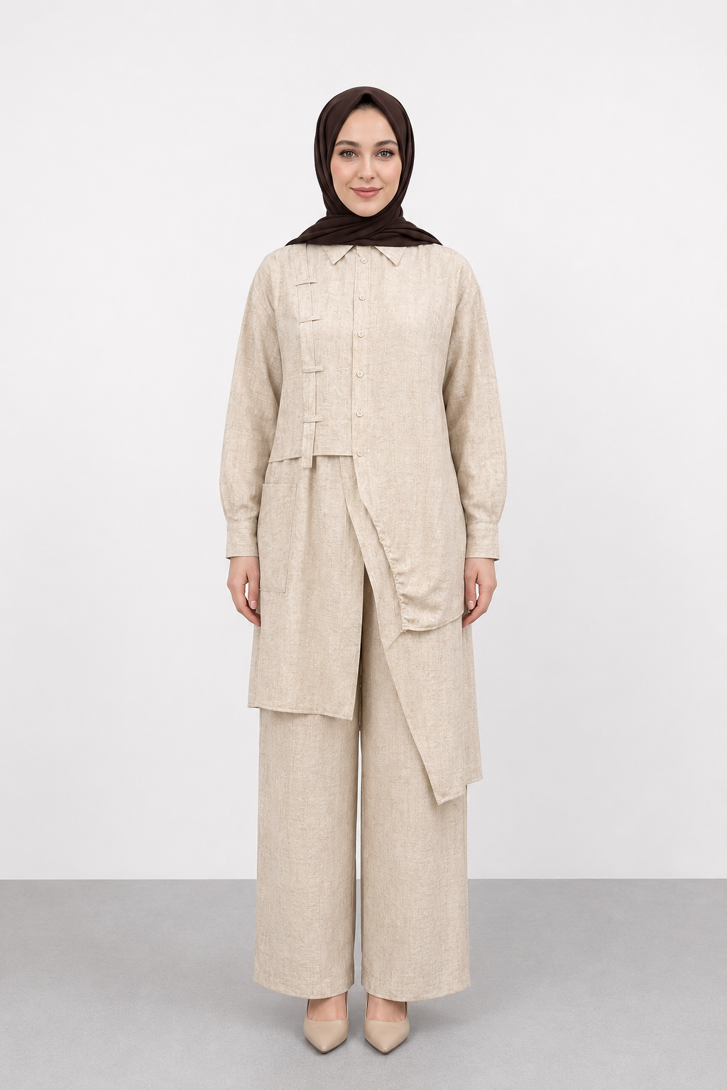 Pantolonu Parça Geçiş Detay Takım 1496 - Bej