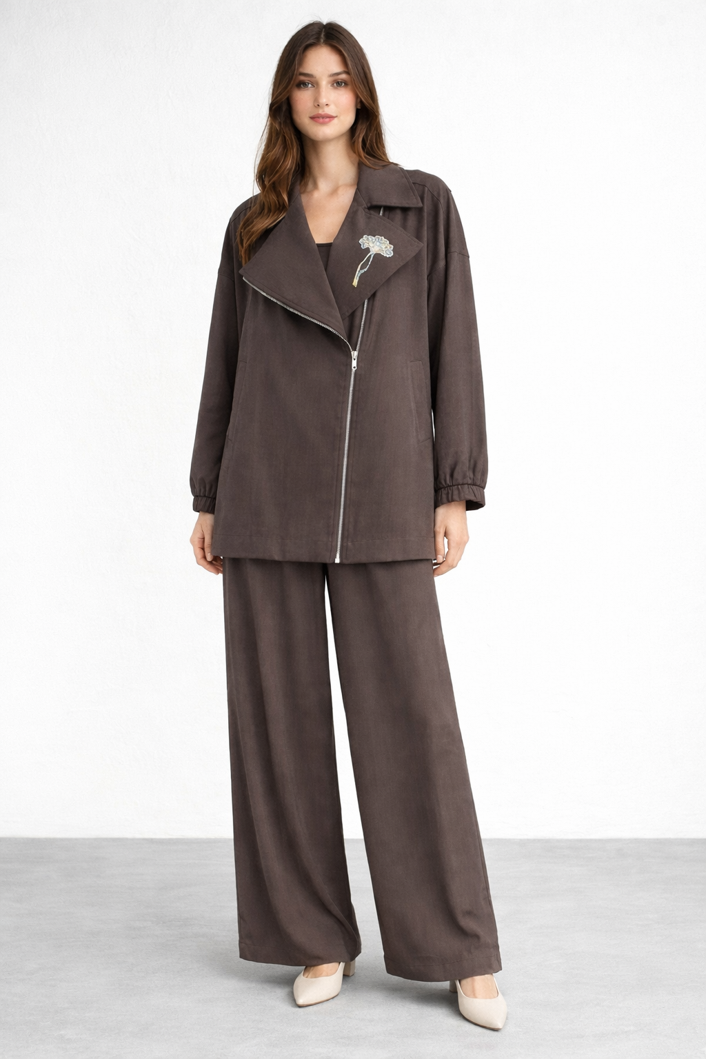 Nuss 1027 Ceketi Yarım Fermuar Detay Pantolonlu Takım - Kahve