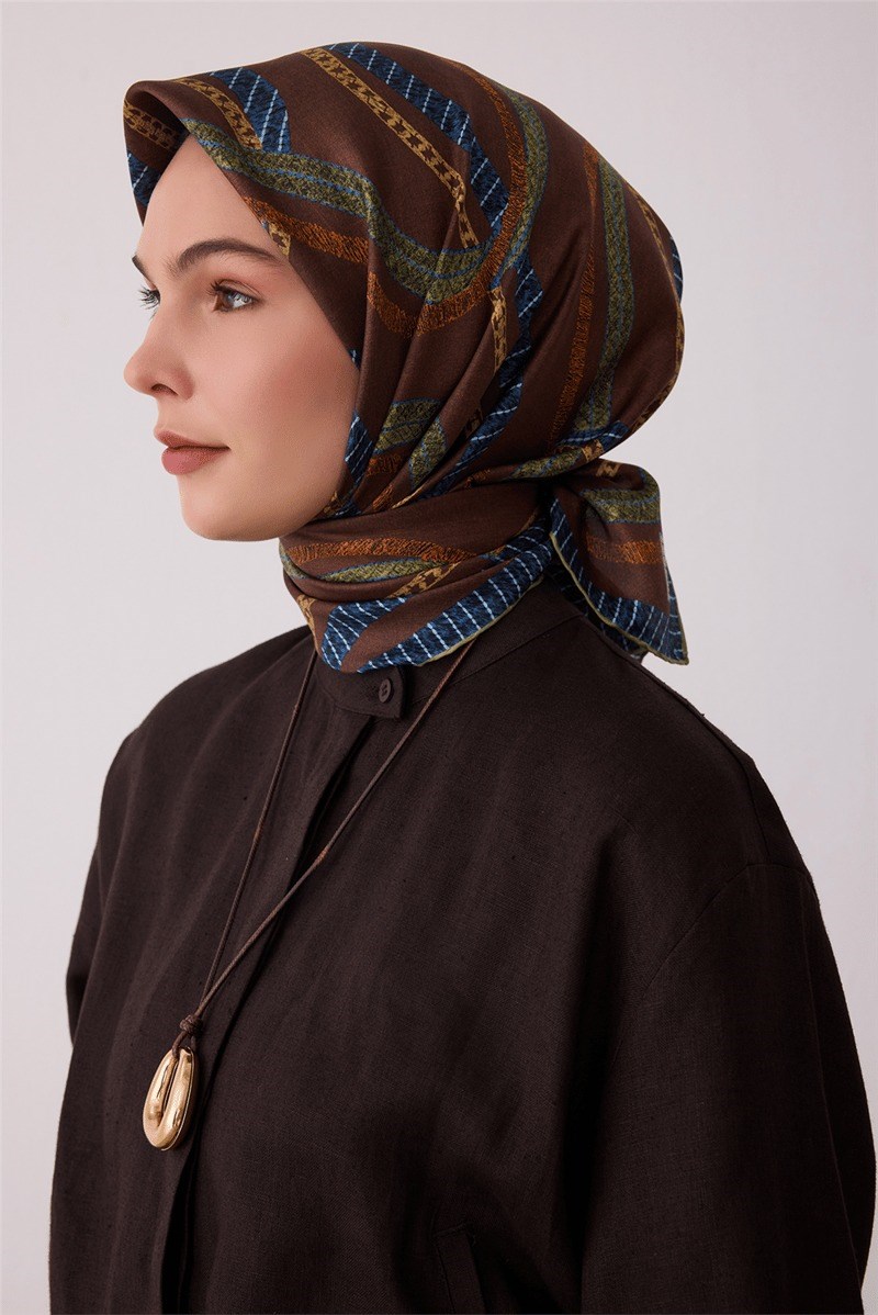 Belli 4424 Prizma Mozaik Geometrik %100 Twill İpek Eşarp - Acı Kahve Eşarp BELLI 