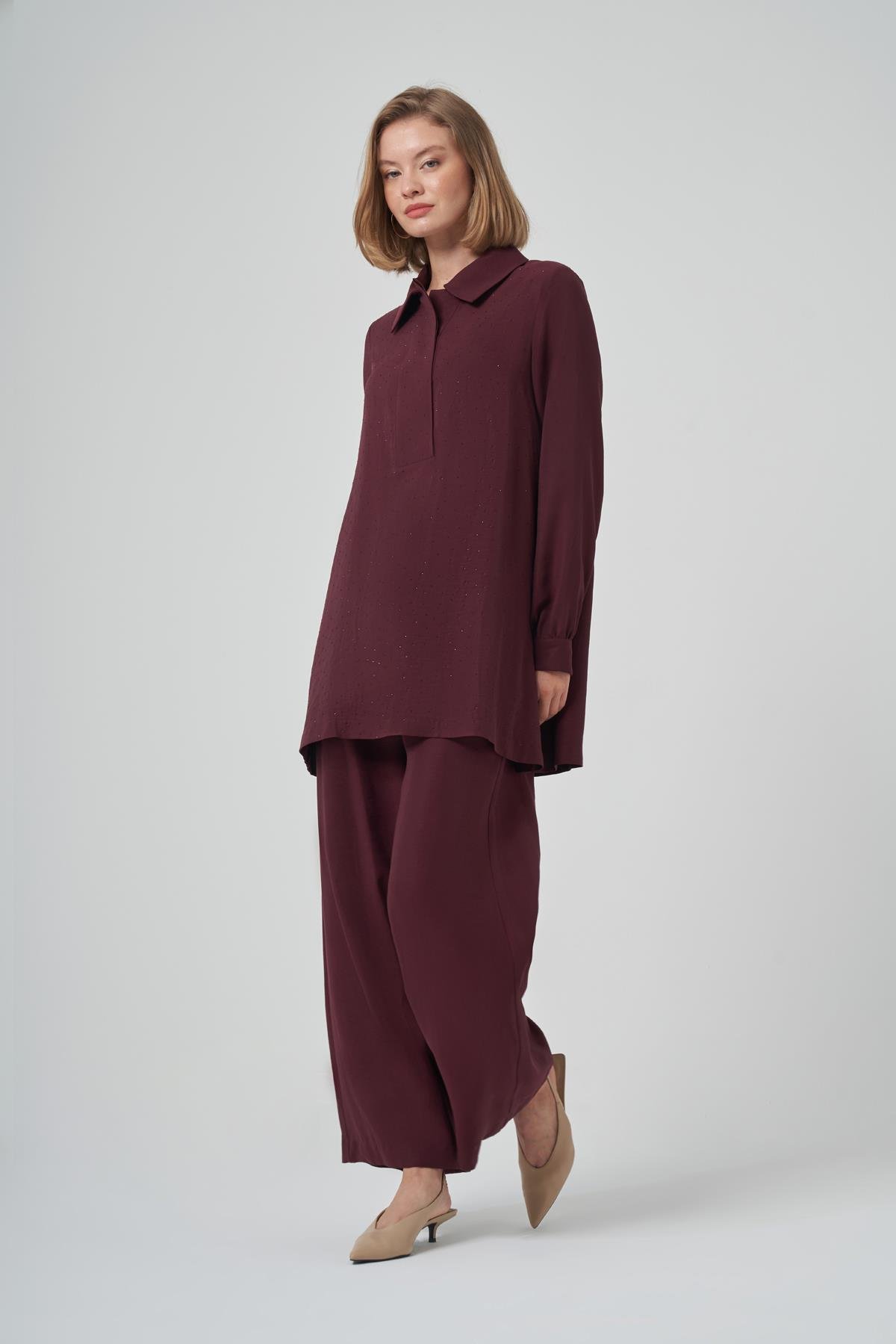 Nuss 1019 Serpme Taş Detay Pantolonlu Takım - Mürdüm
