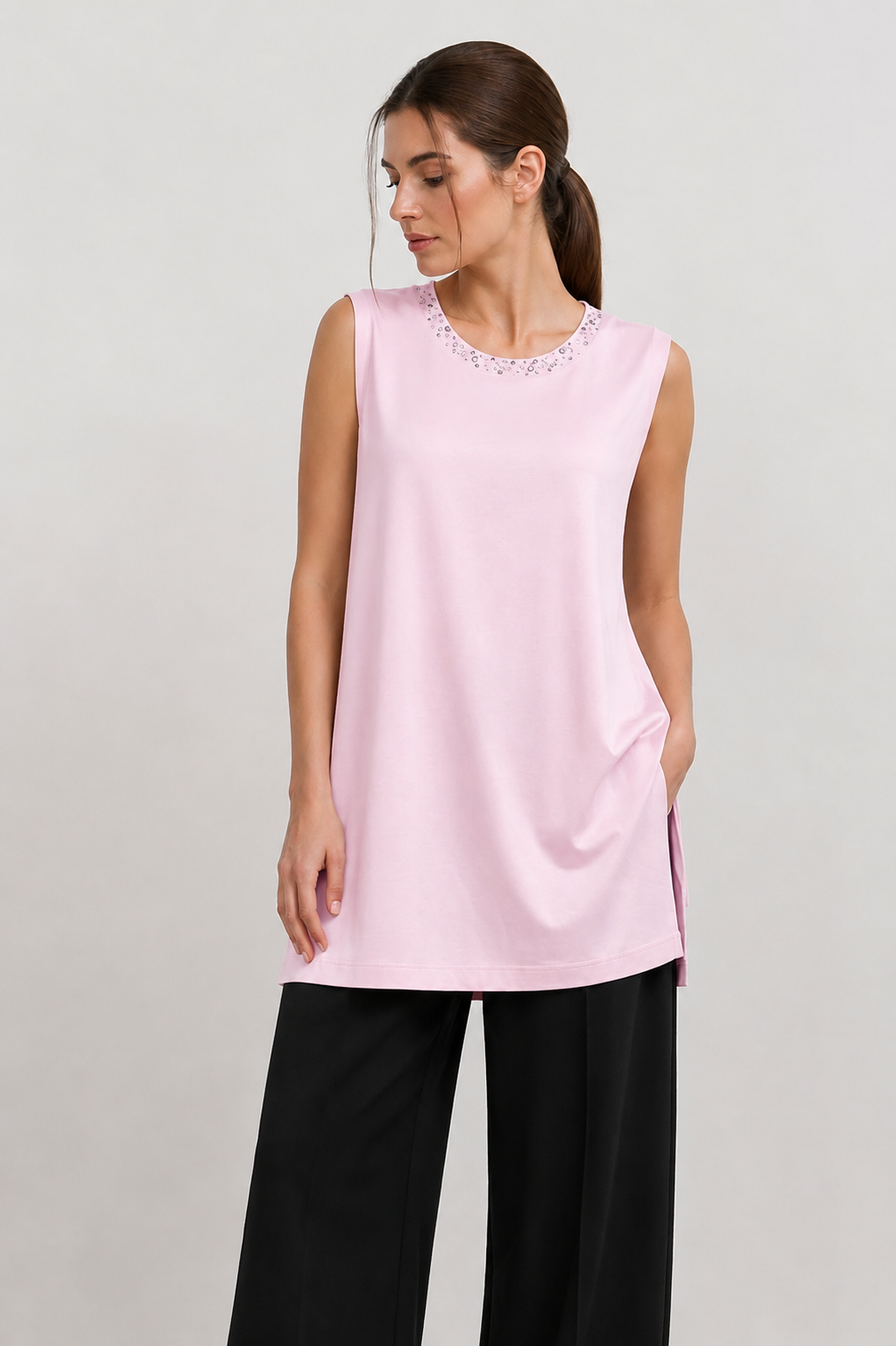 Ceremony 26Y152 Yakasi İşlemeli Kolsuz Kısa Bambu  Bluz - Pembe