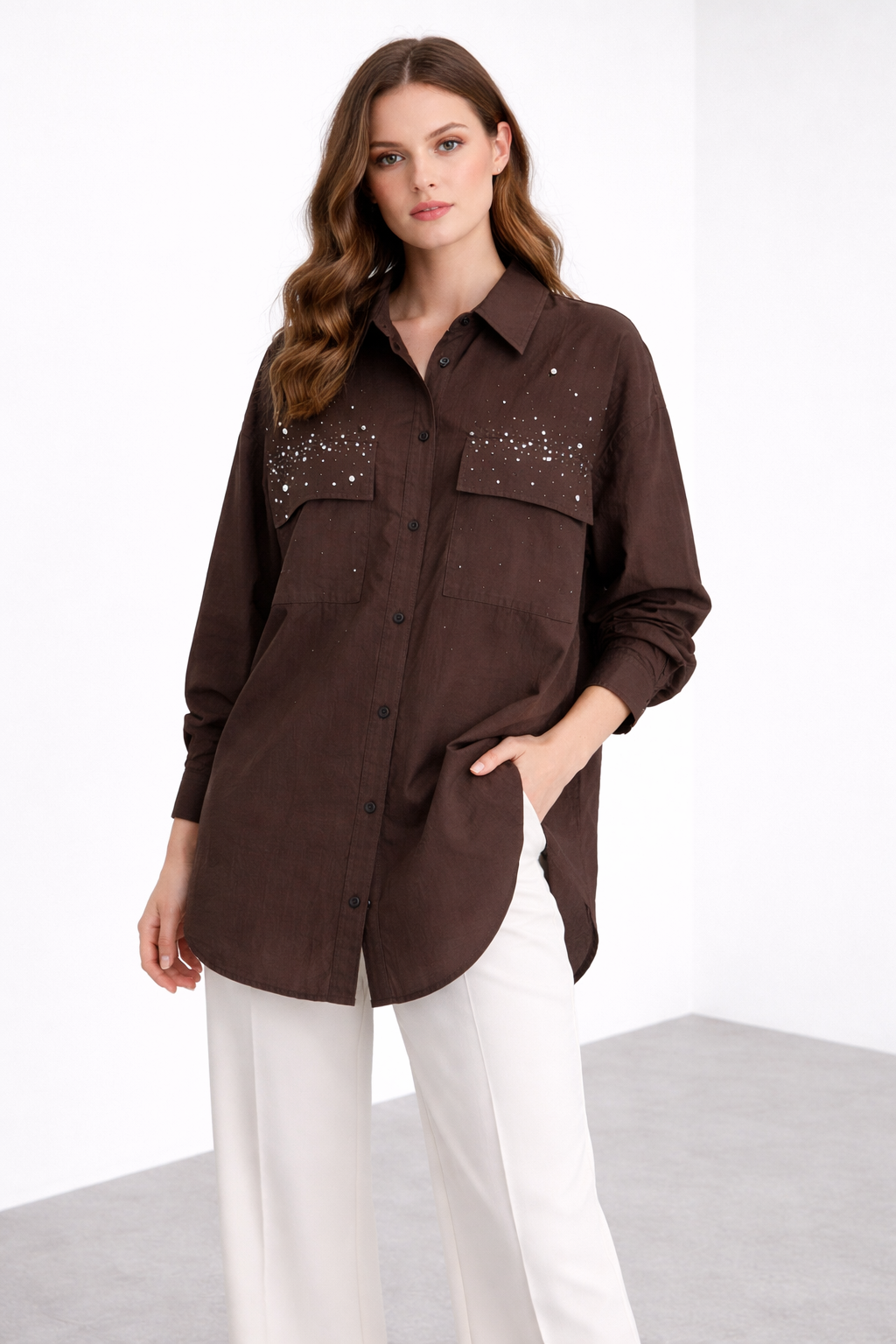Cep Taş Süslemeli Gömlek 0036905 - Kahve