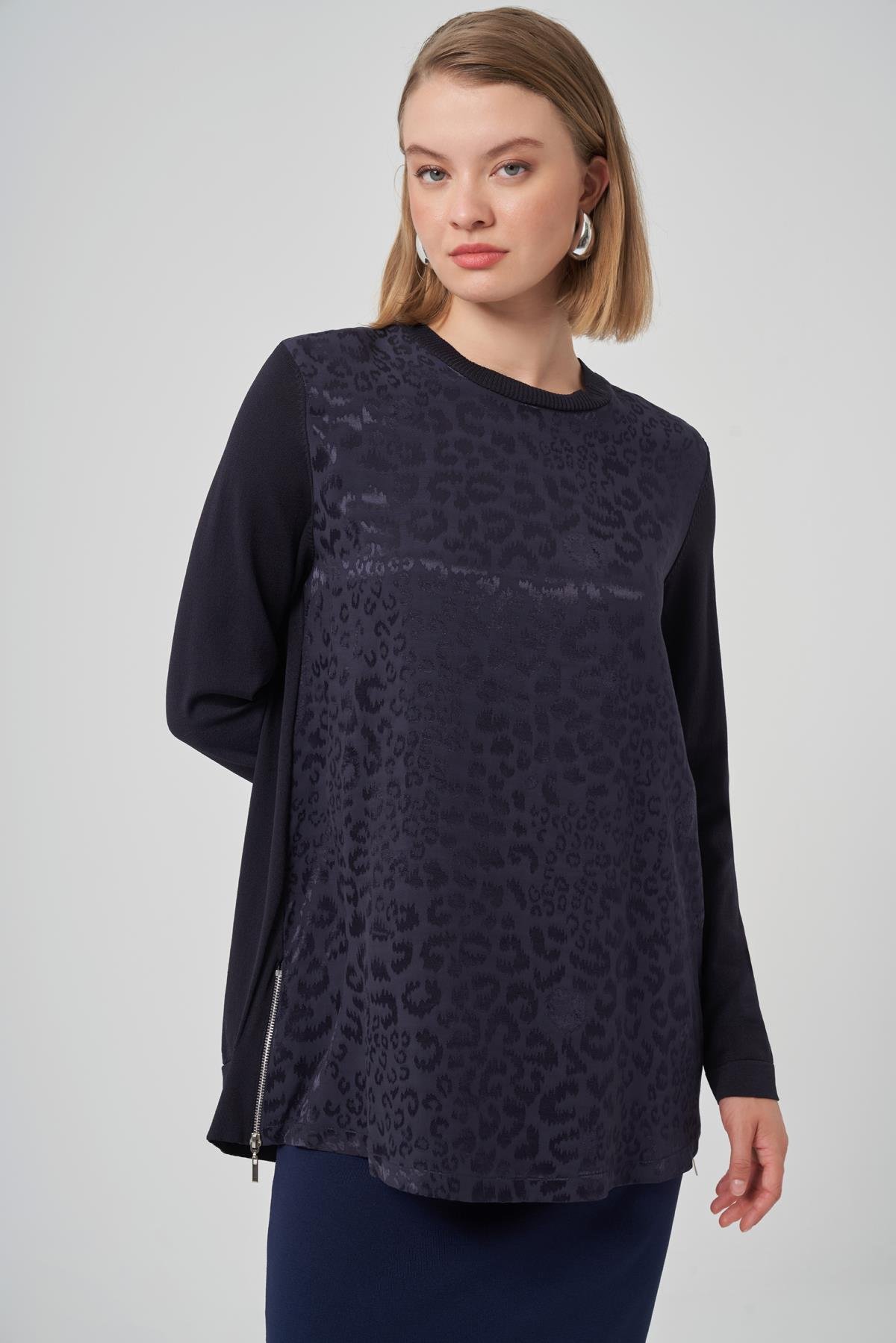 Nuss 3002 Leopar Jakar Detay Merserize Tunik - Lacivert