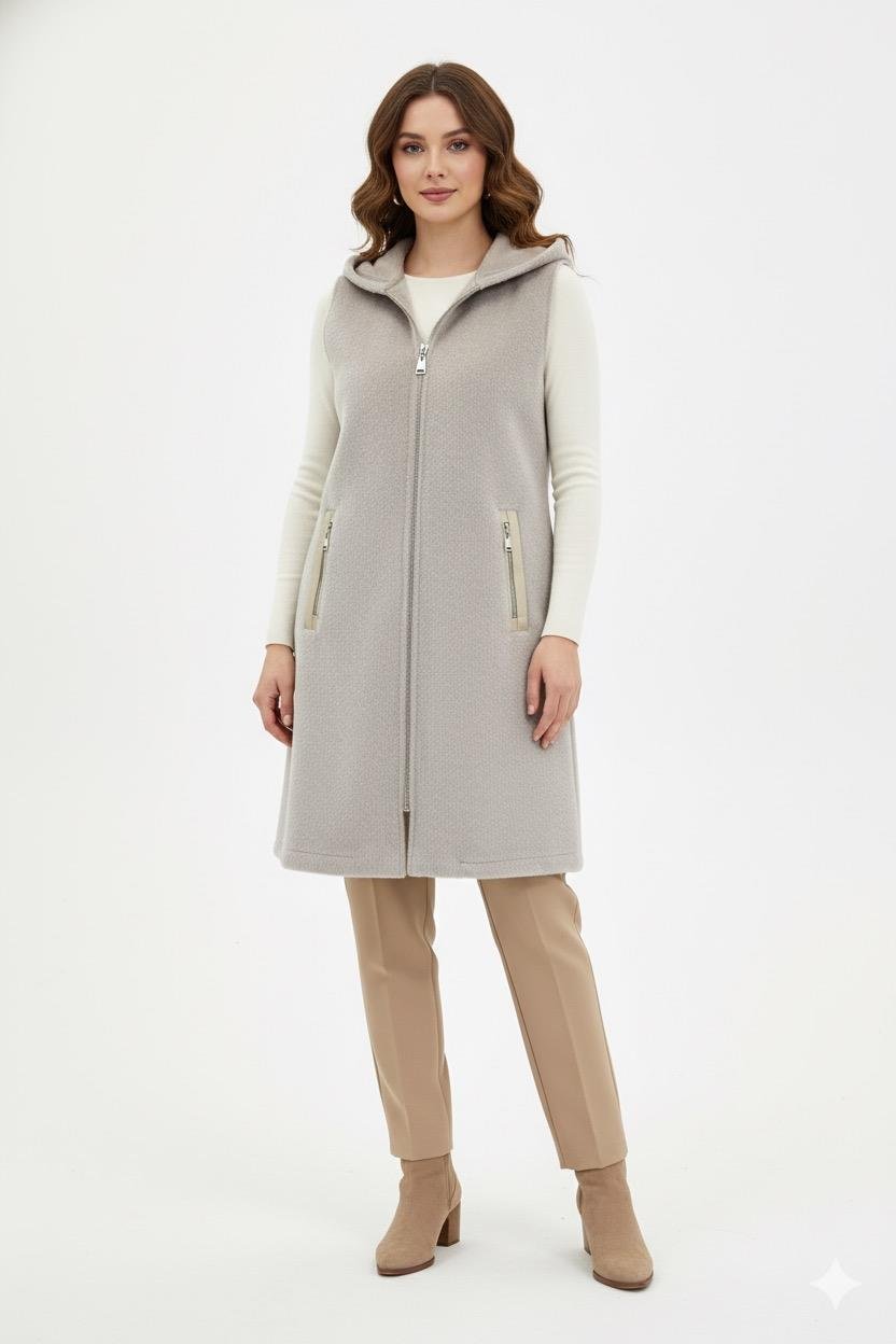 Deri Detaylı Kapüşonlu Yelek 1433 - Bej