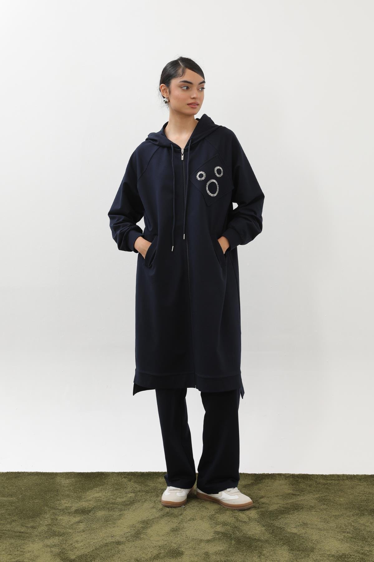 Yakası Halka Boncuk İşlemeli Pantolonlu Takım 14393 - F.Navy