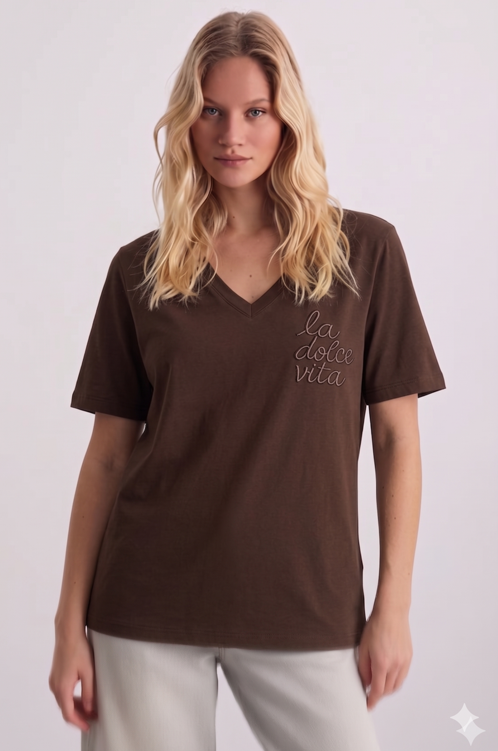 La Dolche Vita Yazılı V Yaka Tshirt 4044 - Kahve