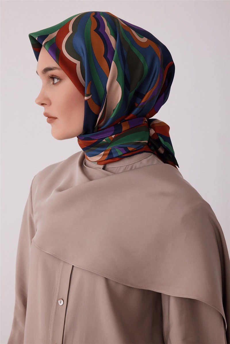 Belli 4414 Dalga Katmanları Soyut %100 Twill İpek Eşarp Bej Eşarp BELLI 