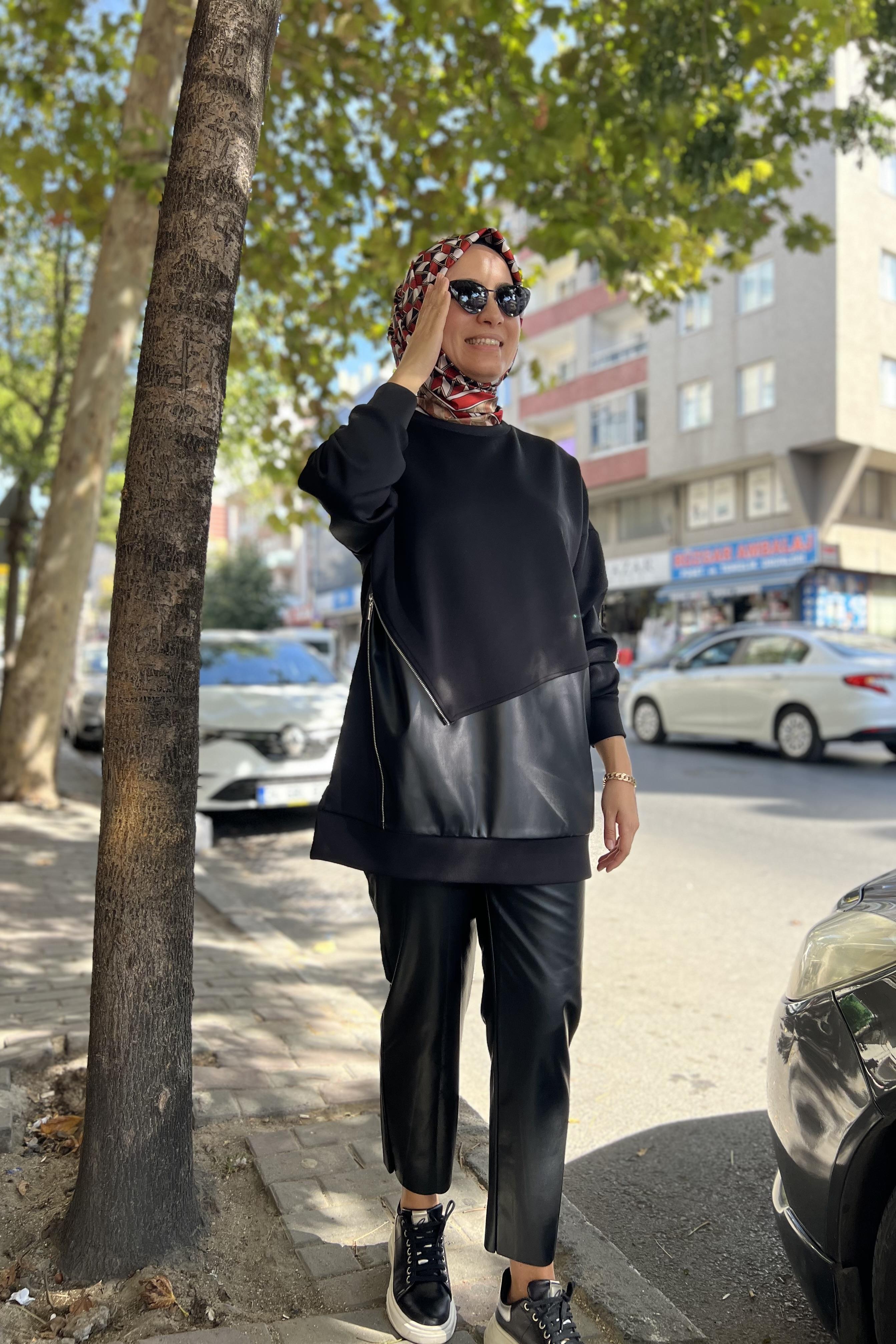 PUANE Çarpraz Fermuarlı Deri Detay Tunik 10380 - Siyah  Tunik