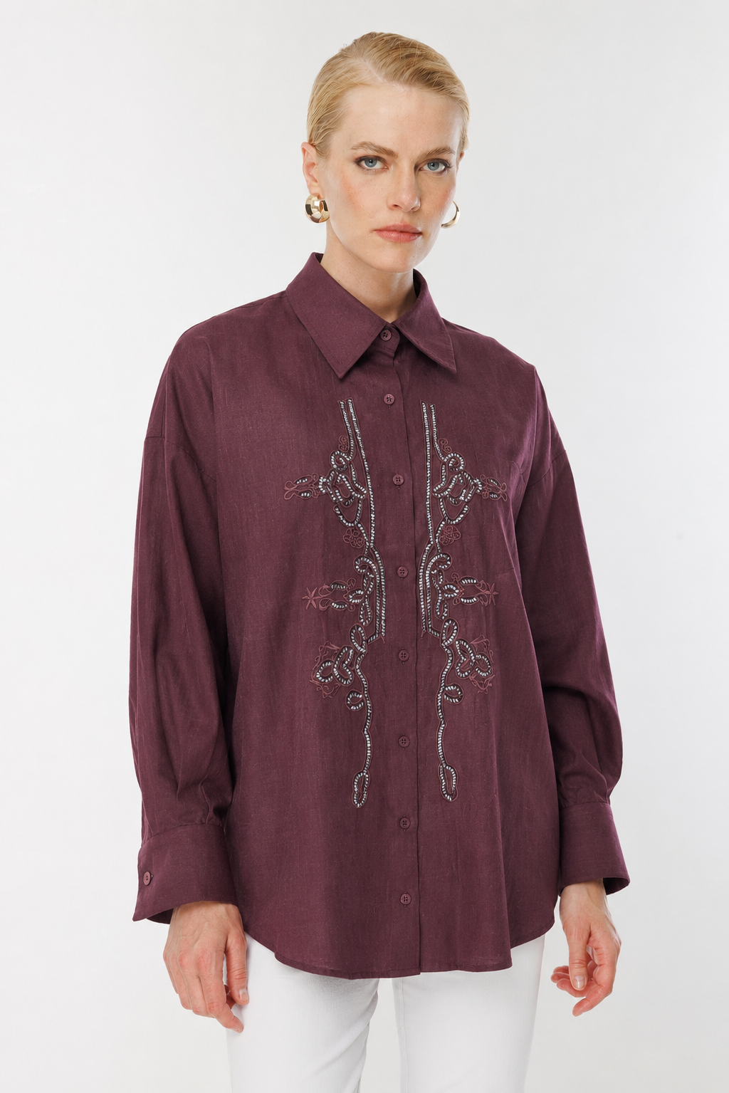 Fuat Gürşen 5385 Nakışı Boncuk İşlemeli Tunik - Bordo
