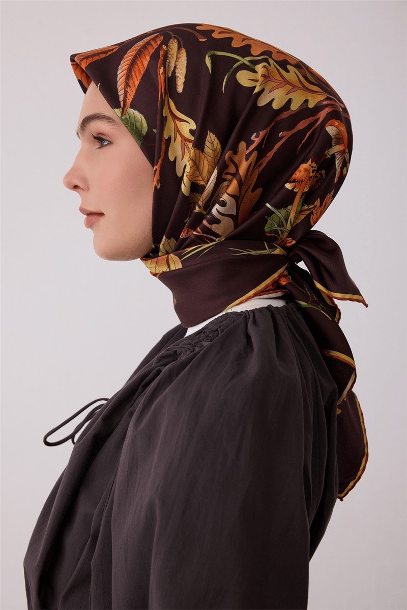 Belli 4412 Mermer Akış Soyut %100 Twill İpek Eşarp - Kahve Eşarp BELLI 