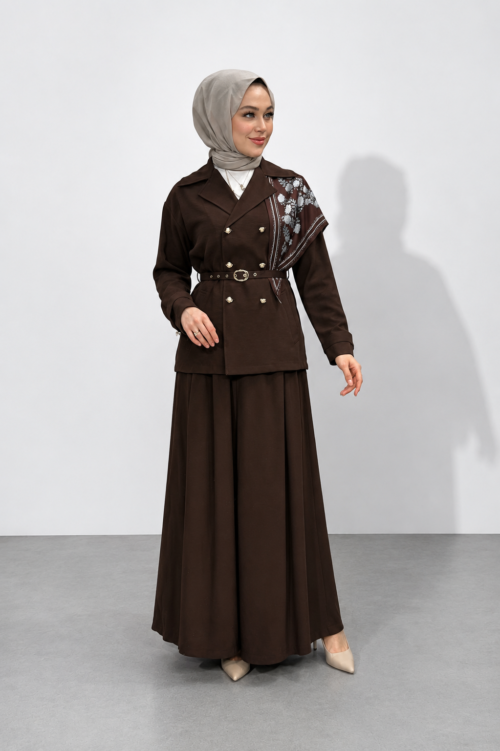 Yaka Şal Detay Bol Paça Pantolonlu Takım 1563 - Kahve