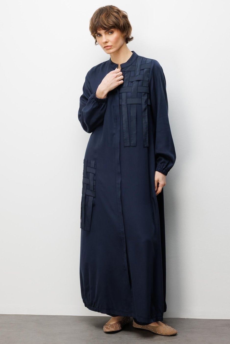 Micca 261510M Elişi Özel İşleme Hasır Desenli Ferace - Lacivert