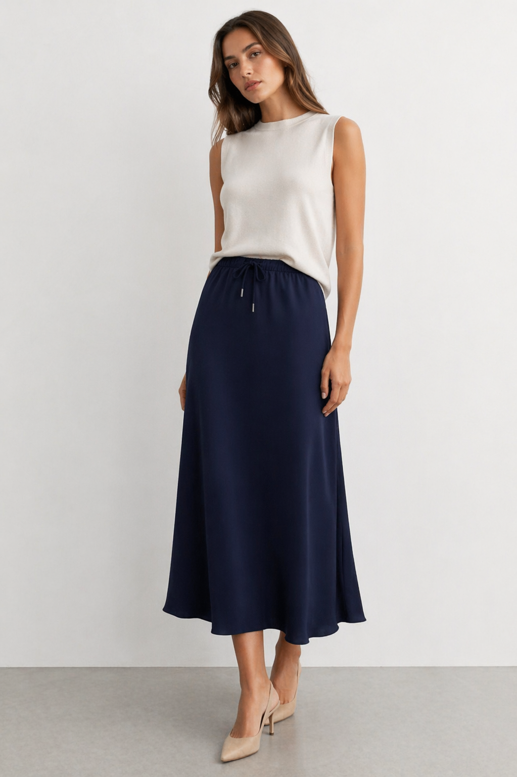 Beli İp Detay Astarlı Saten Etek 3020 - Lacivert