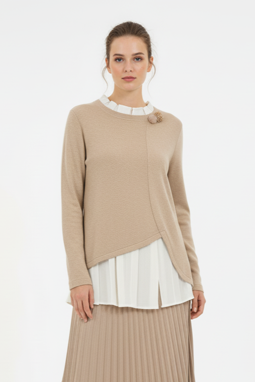 Fuat Gürşen 4329 Yaka Broş Detay Tunik - Bej