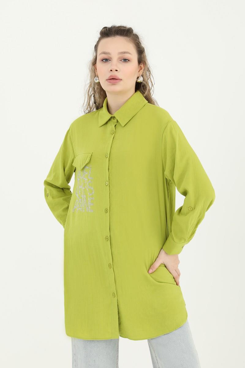 PUANE Cep Altı Yazısı Taş İşlemeli Gömlek Tunik 10401 - Olive  Tunik 