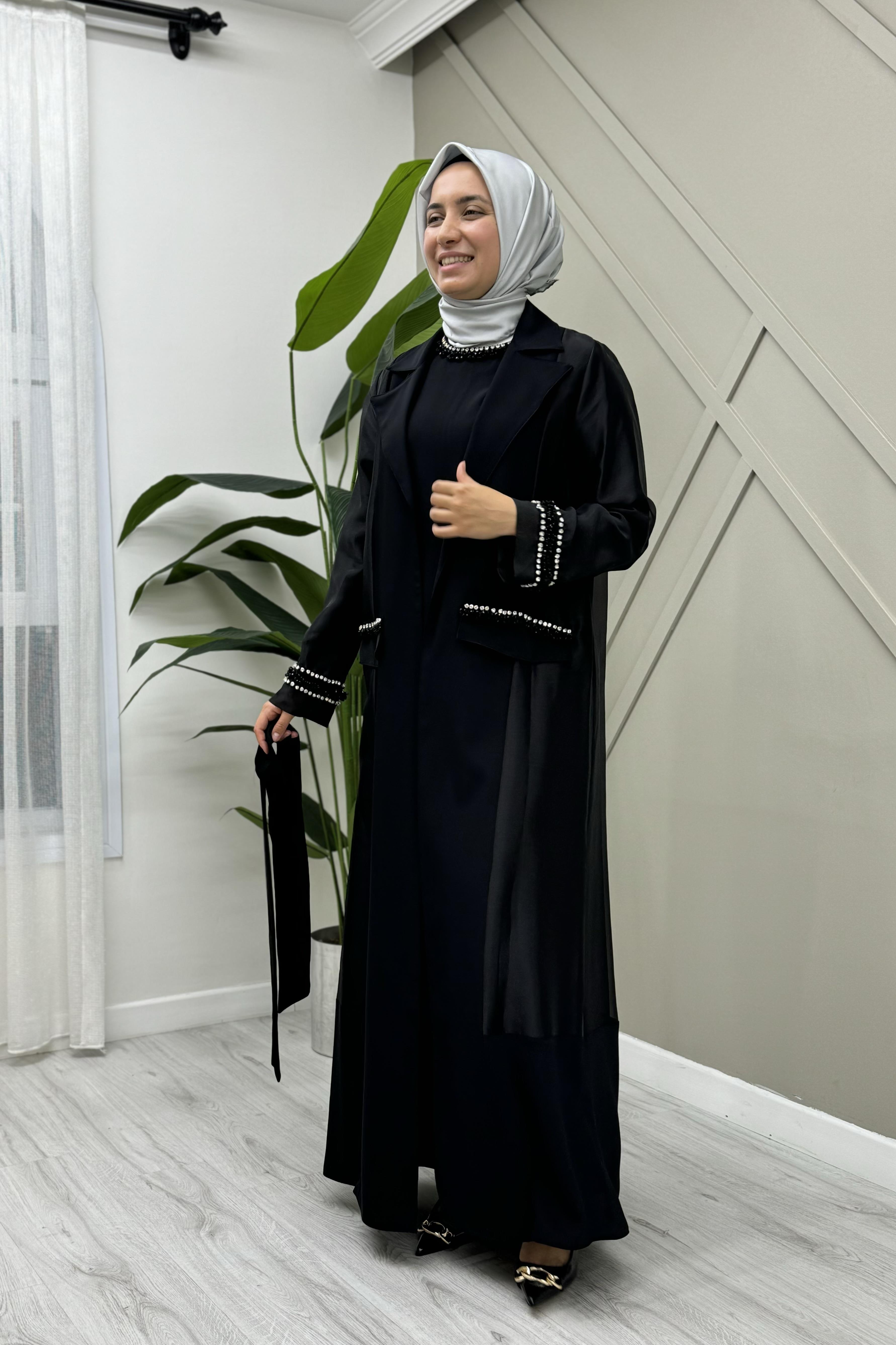 ETRUCCİ Cepleri Taş İşlemeli Organze Abaya 6051 - Siyah  Abiye Grubu 