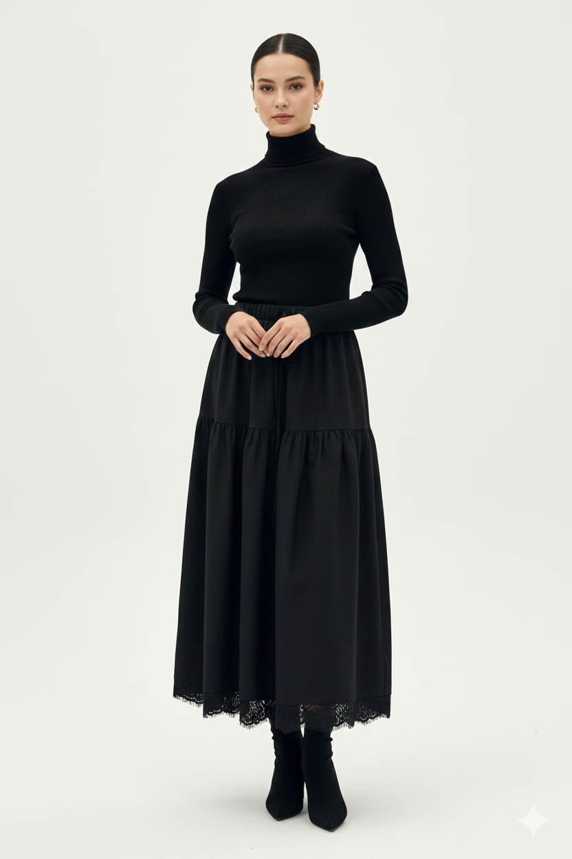 Eteği Dantel Detay Etek 18292 - Siyah