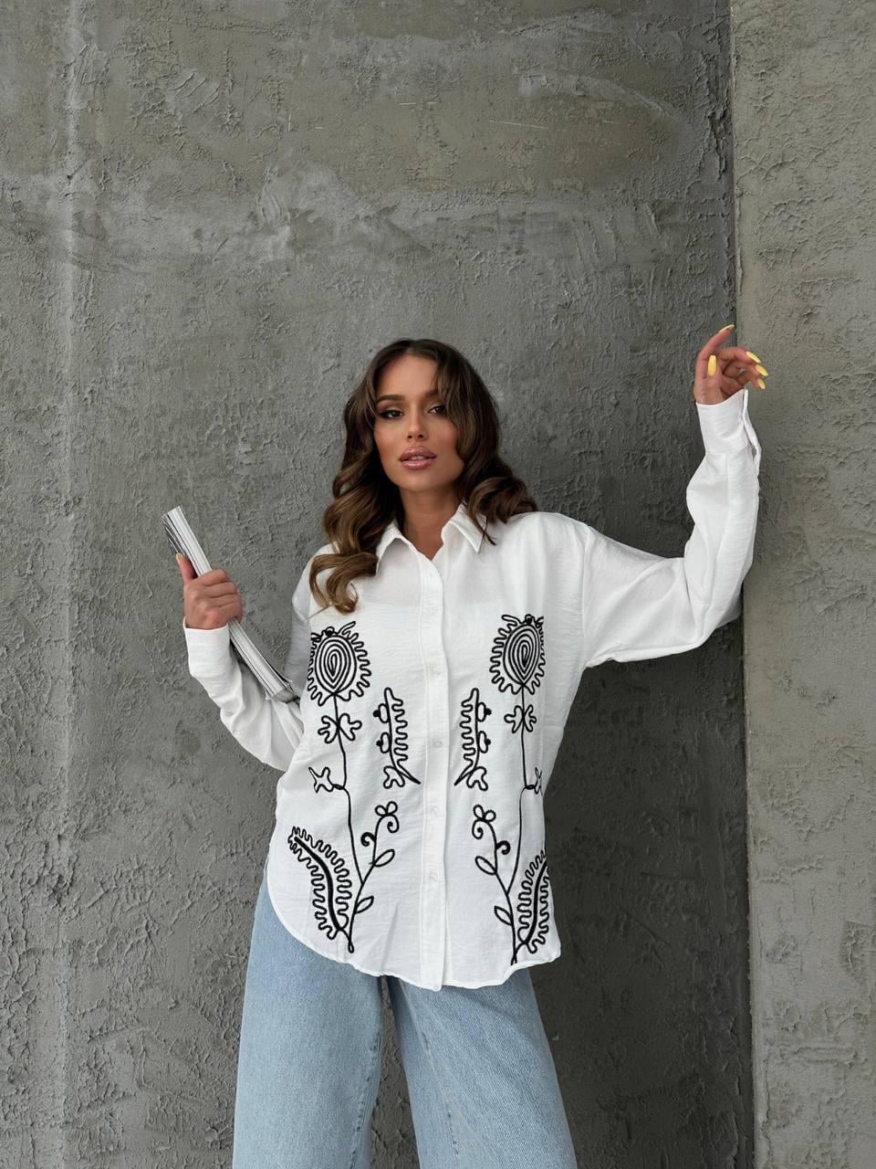 Moda Ado Çiçek Nakışlı Keten Gömlek 121 - Beyaz  Bluz & Gömlek