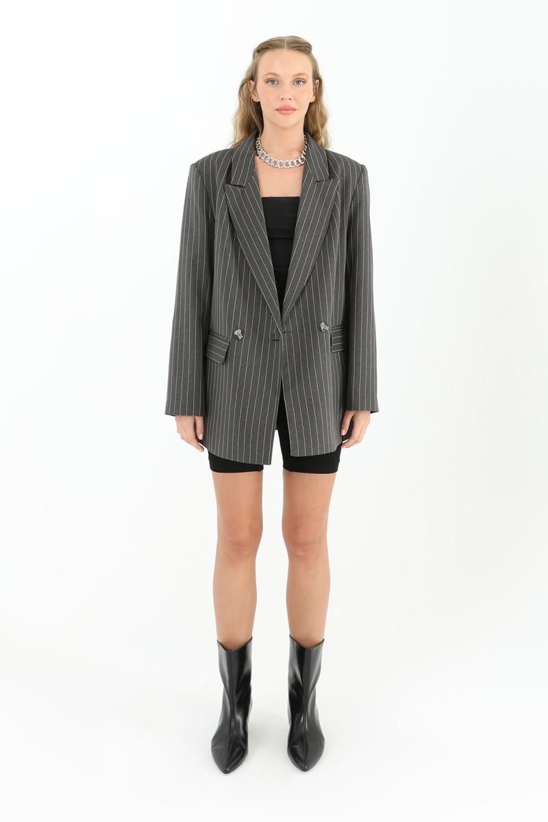 PUANE Çizgi Detaylı Düğmeli Blazer Ceket 31977 - Antrasit  Ceket 