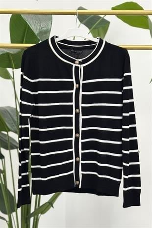J&M TRİKO Çizgili Uzun Kol Hırka 150 - Siyah - Ekru Çizgili Uzun Kol Hırka 150 - Siyah - Ekru - Bilen Giyim Hırka 