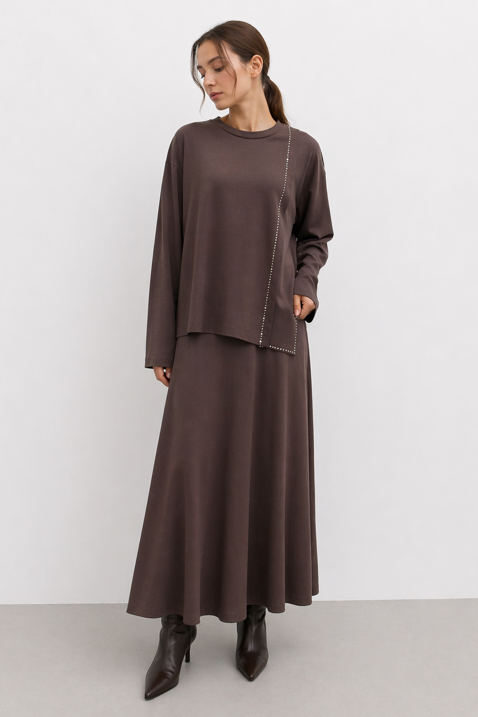 Ceremony 26Y975 Tuniği Boncuk İşlemeli Kloş Etekli Takım - Kahverengi