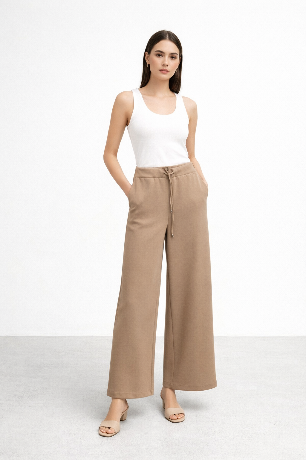 Sentez 5655 jessica Kapak Cepli Geniş Paça Pantolon - Vizon