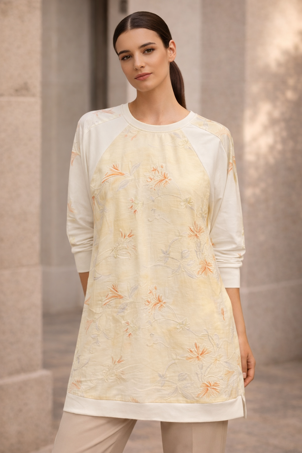 Fuat Gürşen 5335-1 Kendenden Jakar Baskılı Tunik - Sarı