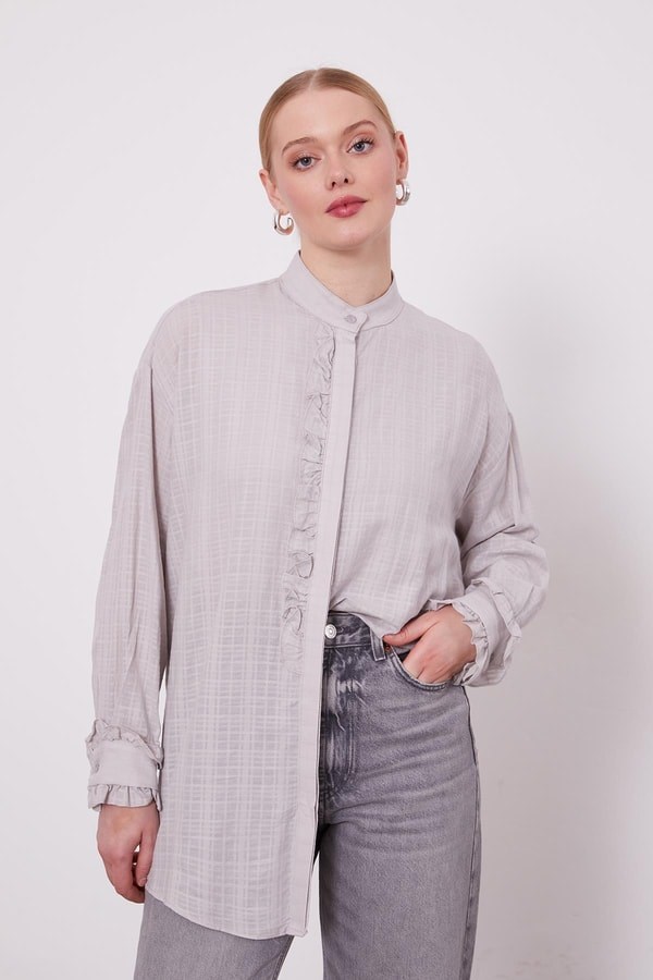 Levidor 230108 Patı Fırfırlı Gömlek - Taş Tunik LEVİDOR 