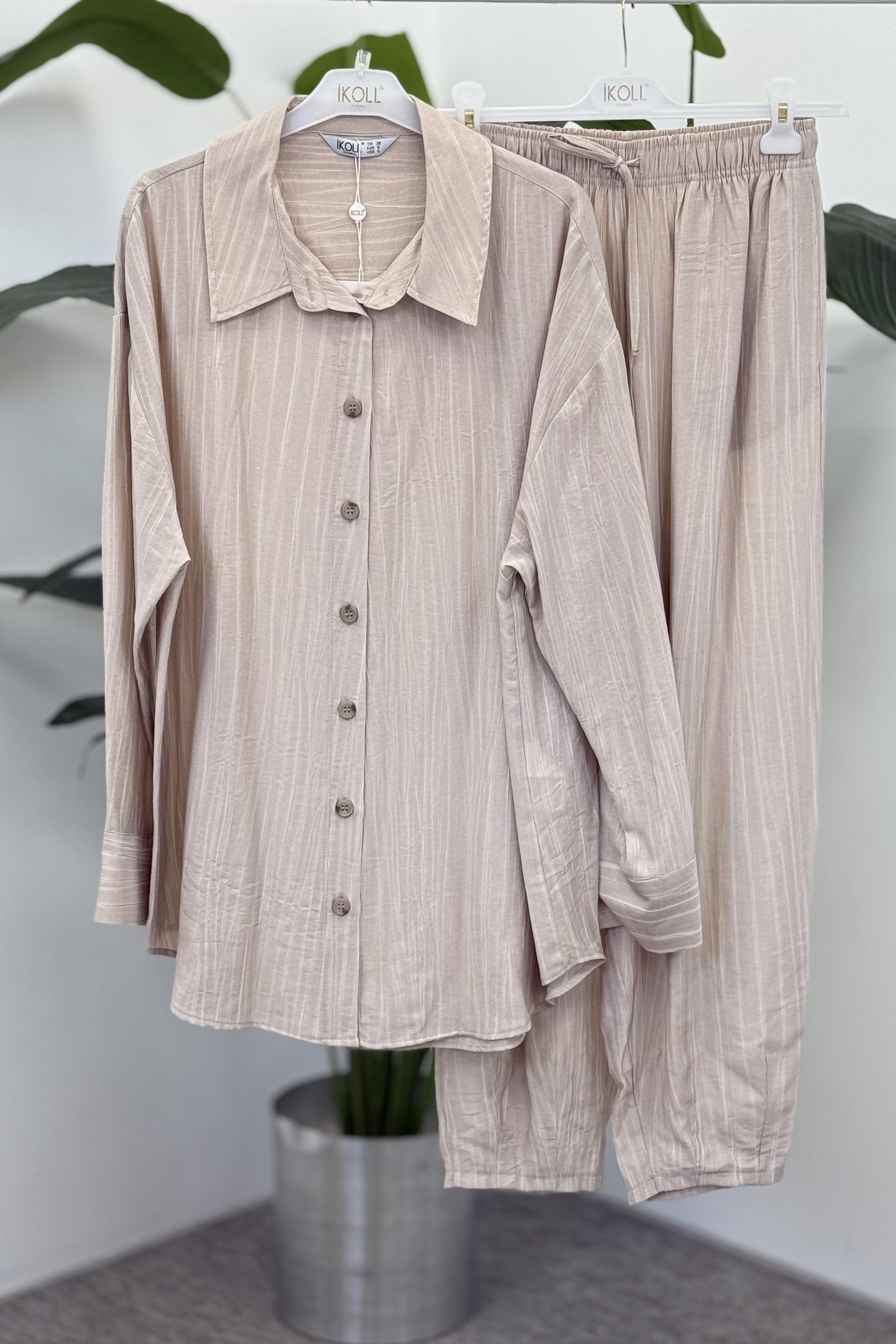 Oversize Gömlekli Konik Pantolonlu Takım 0034236 - Bej